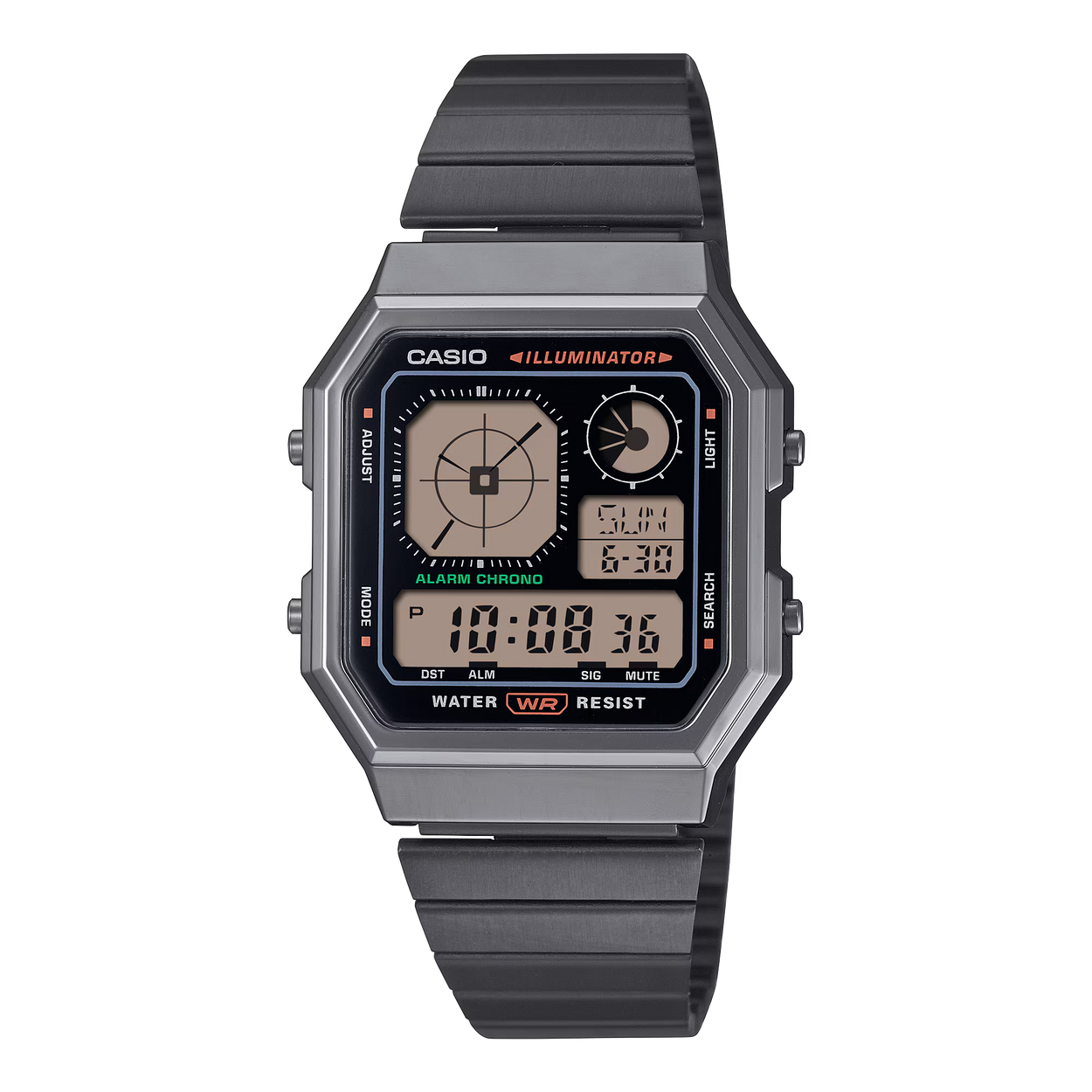 Casio EDGY A130WEGG-1AEF digital unisexklocka med svart urtavla och armband i rostfritt stål
