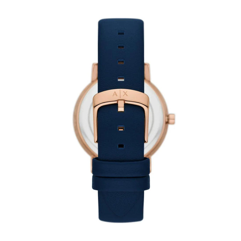 Armani Exchange Lola AX7149SET analog damklocka med blå urtavla och armband i läder
