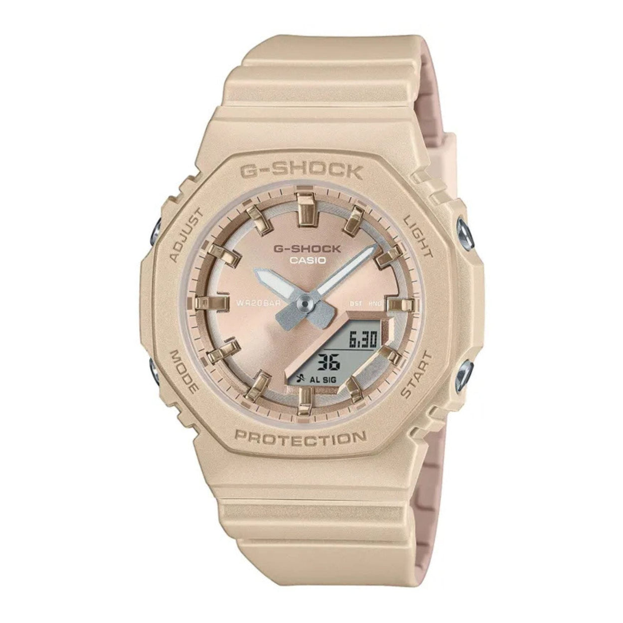 Casio G-Shock Small GMA-P2100ST-9AER analog damklocka med beige urtavla och armband i resin
