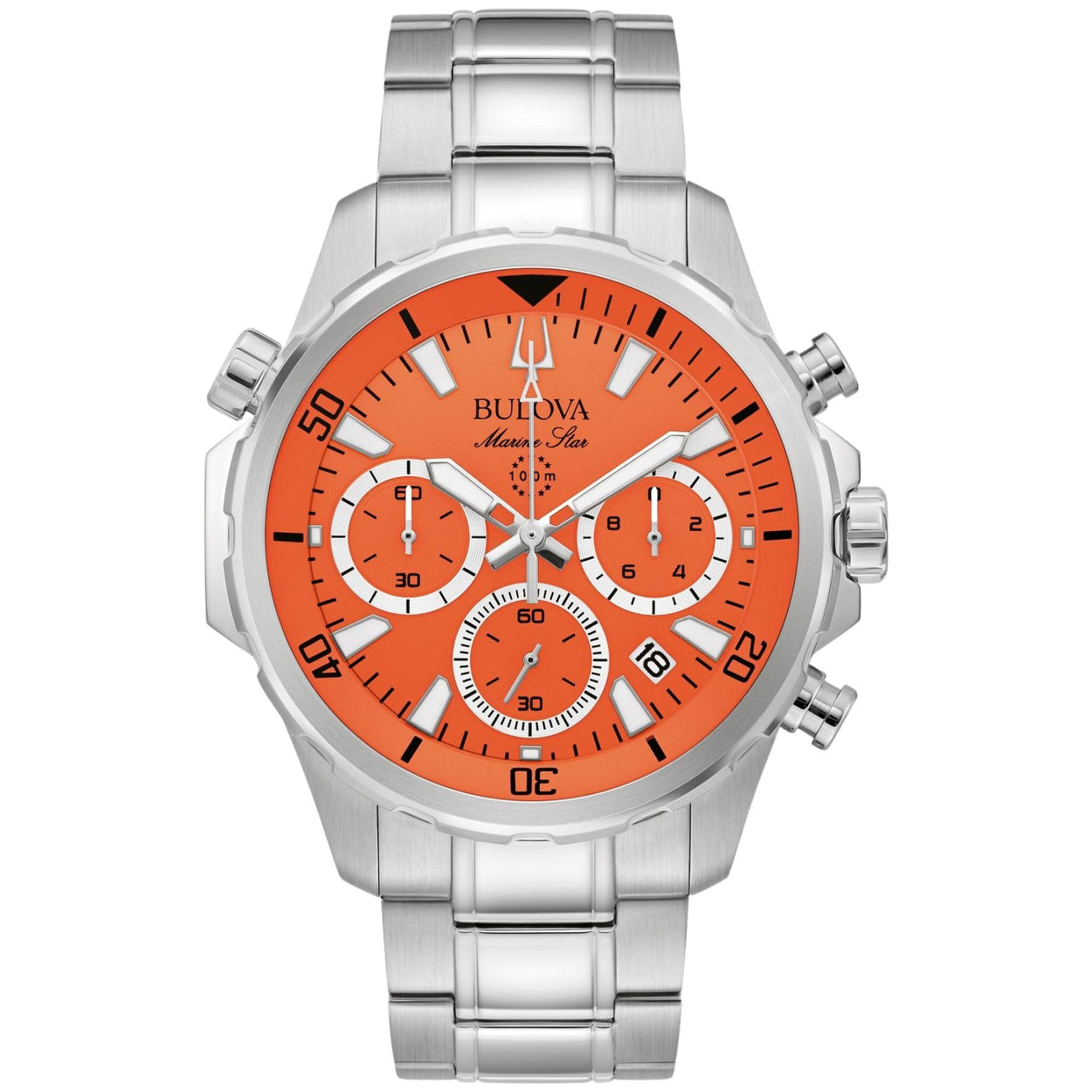 Bulova Marine Star 96B395 analog herrklocka med orange urtavla och armband i rostfritt stål
