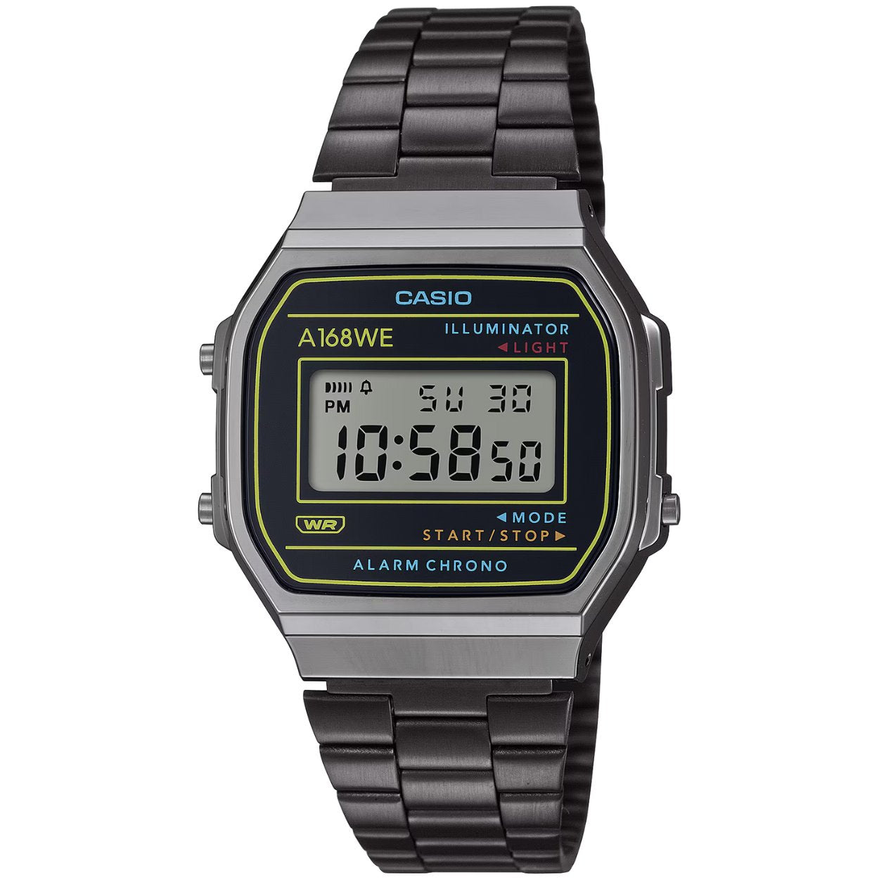 Casio Vintage A168WEHB-1AEF digital herrklocka med svart urtavla och armband i rostfritt stål