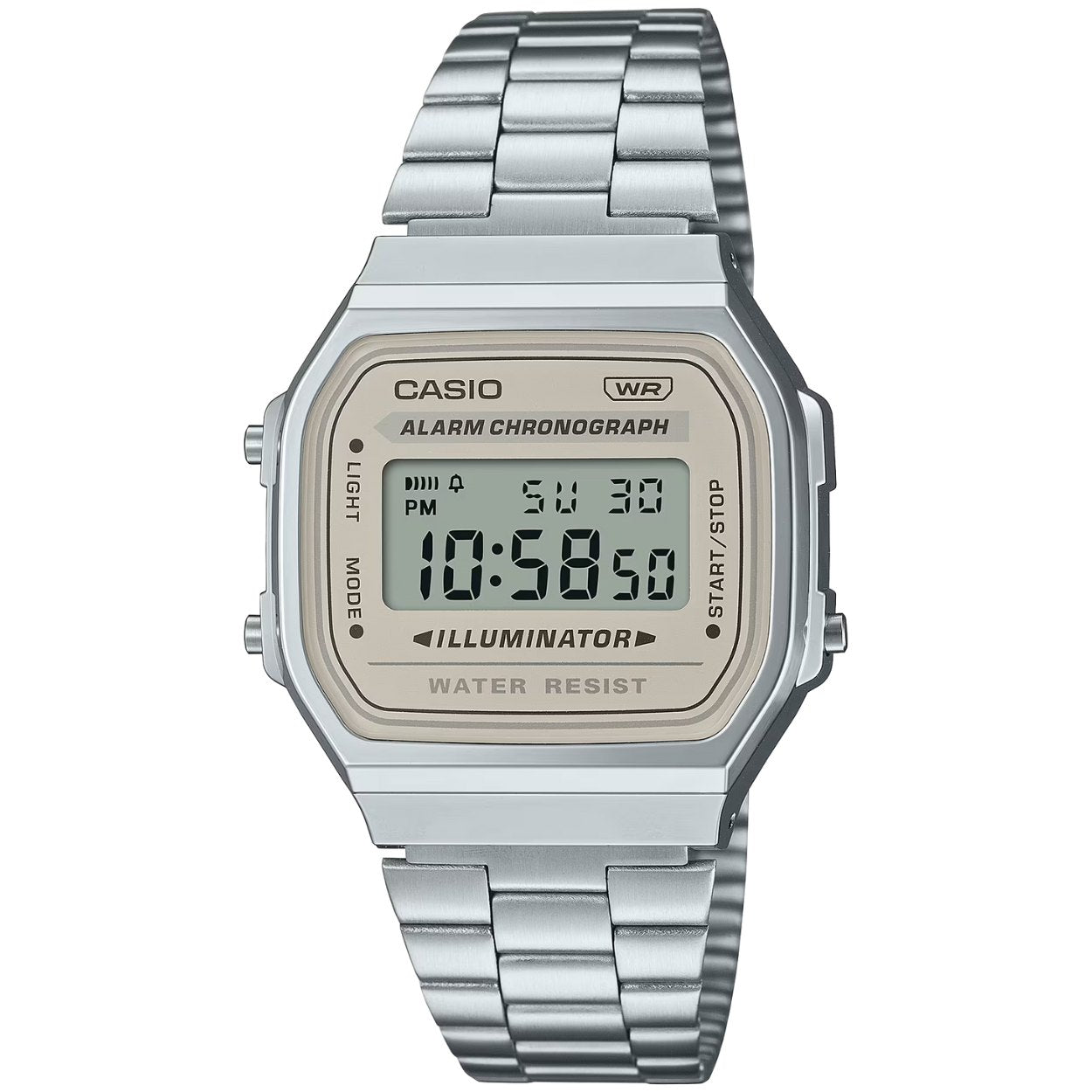 Casio Vintage A168WA-8AYES digital herrklocka med beige urtavla och armband i rostfritt stål