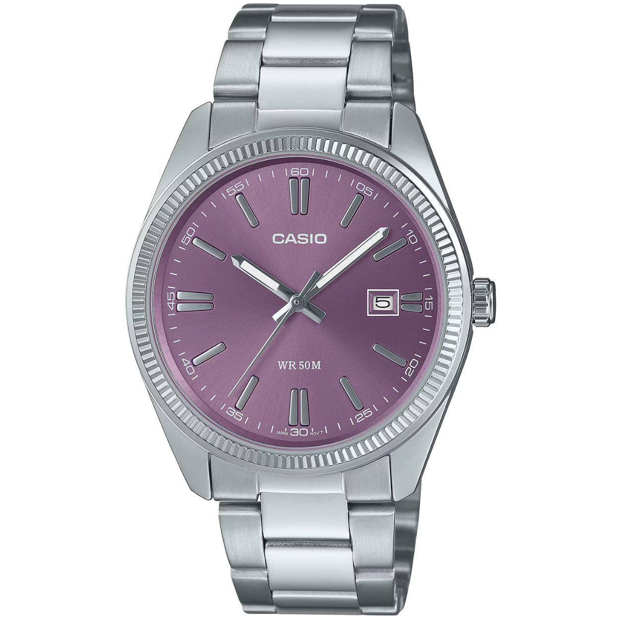 Casio Timeless MTP-1302PD-6AVEF analog damklocka med lila urtavla och armband i rostfritt stål