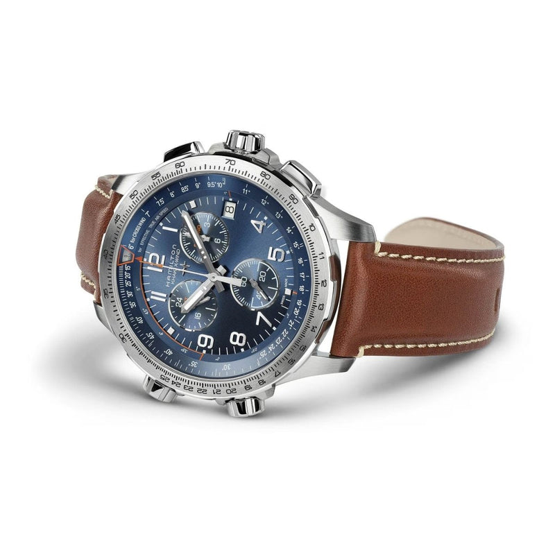 Hamilton Khaki Aviation X-Wind GMT Chrono Quartz H77922541 analog herrklocka med blå urtavla och armband i läder