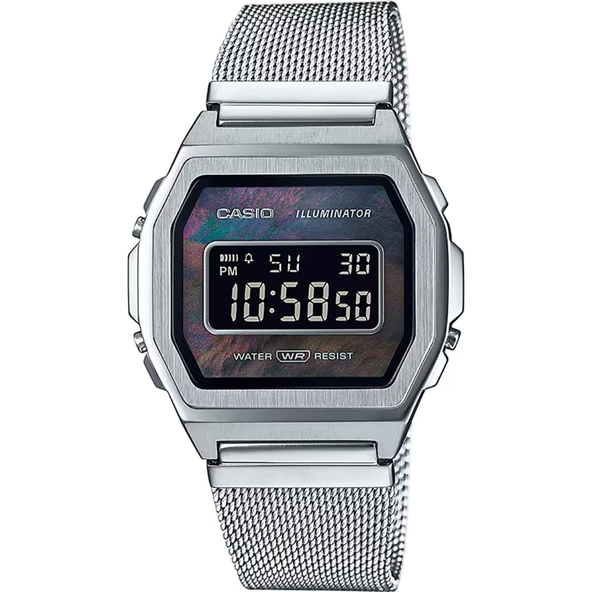 Casio Vintage A1000M-1BEF digital unisexklocka med svart urtavla och armband i rostfritt stål