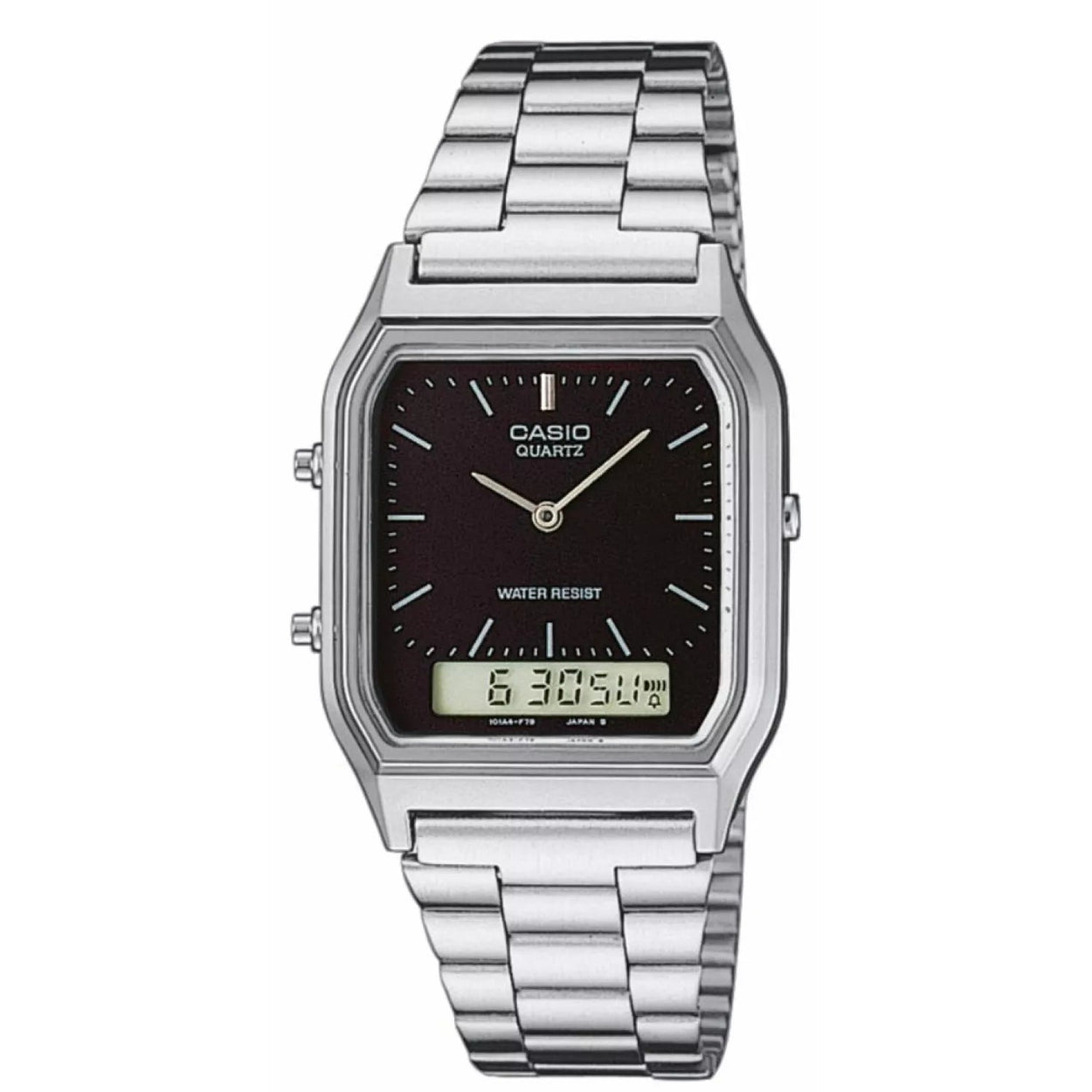 Casio Vintage AQ-230A-1DMQYES ana-digi herrklocka med svart urtavla och armband i rostfritt stål