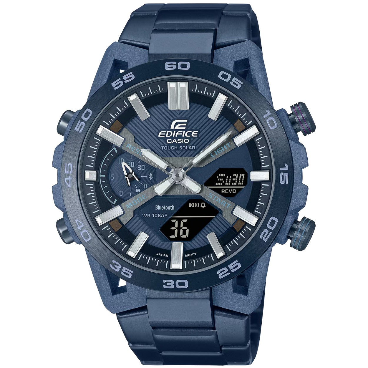 Casio Edifice ECB-2000CB-2AEF analog herrklocka med blå urtavla och armband i rostfritt stål