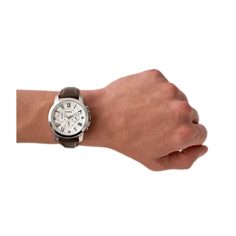 Fossil Grant Chronograph FS4735 analog herrklocka med vit urtavla och armband i läder