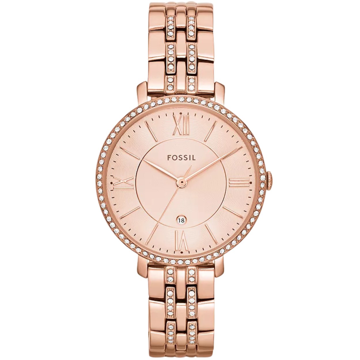 Fossil Jacqueline ES3546 analog damklocka med roséguld urtavla och armband i rostfritt stål