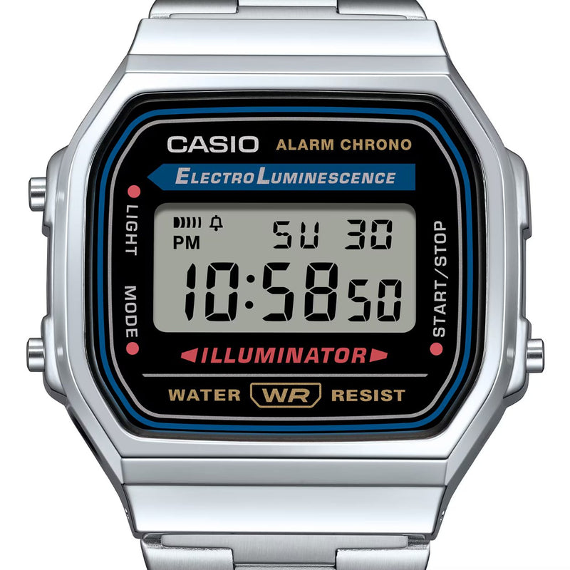 Casio Vintage A168WA-1YES digital herrklocka med svart urtavla och armband i rostfritt stål