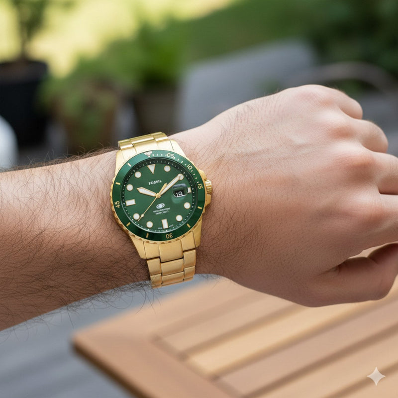 Fossil Blue Dive FS6030 analog herrklocka med grön urtavla och armband i rostfritt stål