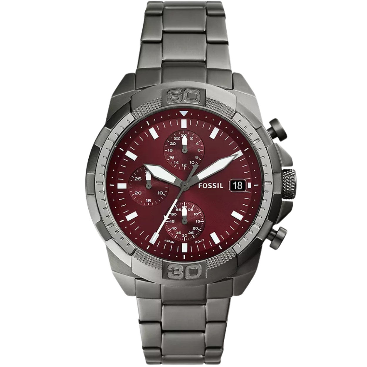 Fossil Bronson Chronograph FS6017 analog herrklocka med rött urtavla och armband i rostfritt stål