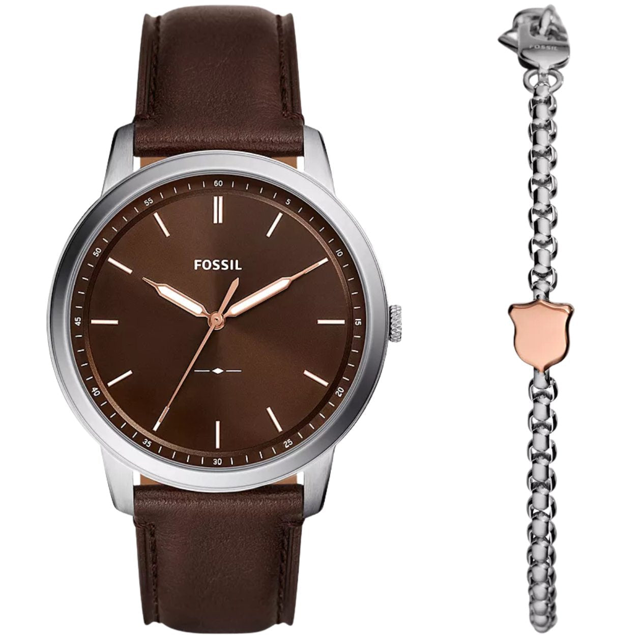Fossil Minimalist FS6019SET analog herrklocka med brun urtavla och armband i läder