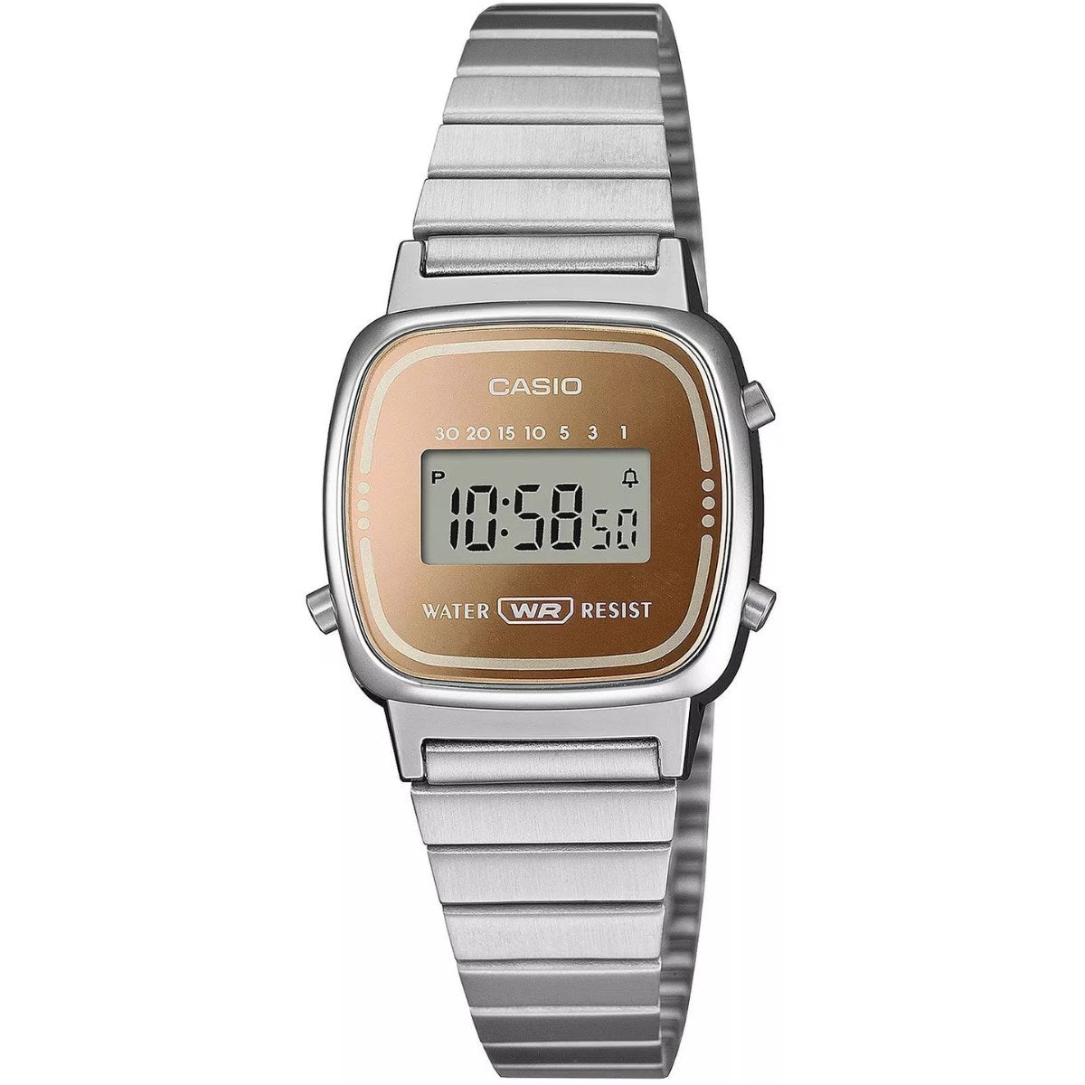 Casio Vintage LA670WES-4AEF digital damklocka med roséguld urtavla och armband i rostfritt stål