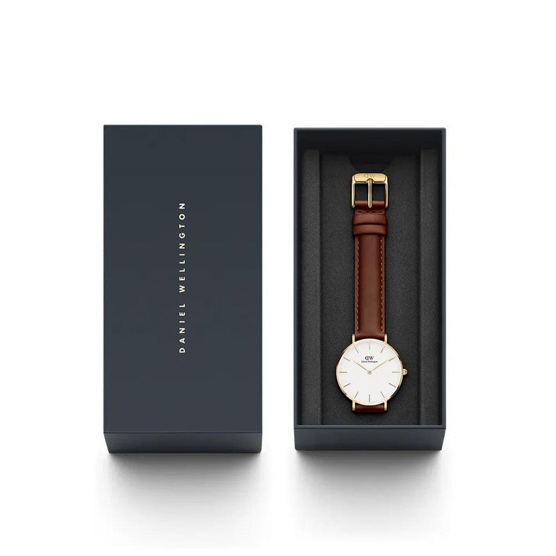 Petite St Mawes Ø32mm DW00100550 analog damklocka med vit urtavla och armband i läder