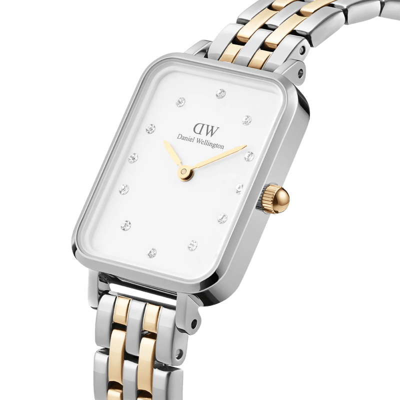 Daniel Wellington Quadro Lumine 5-link two-tone analog damklocka med vit urtavla och armband i rostfritt stål