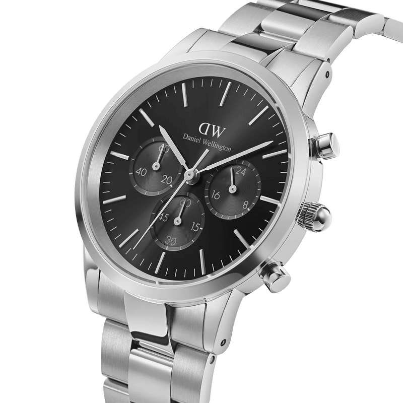 Daniel Wellington Iconic Chronograph Link Onyx S analog herrklocka med svart urtavla och armband i rostfritt stål