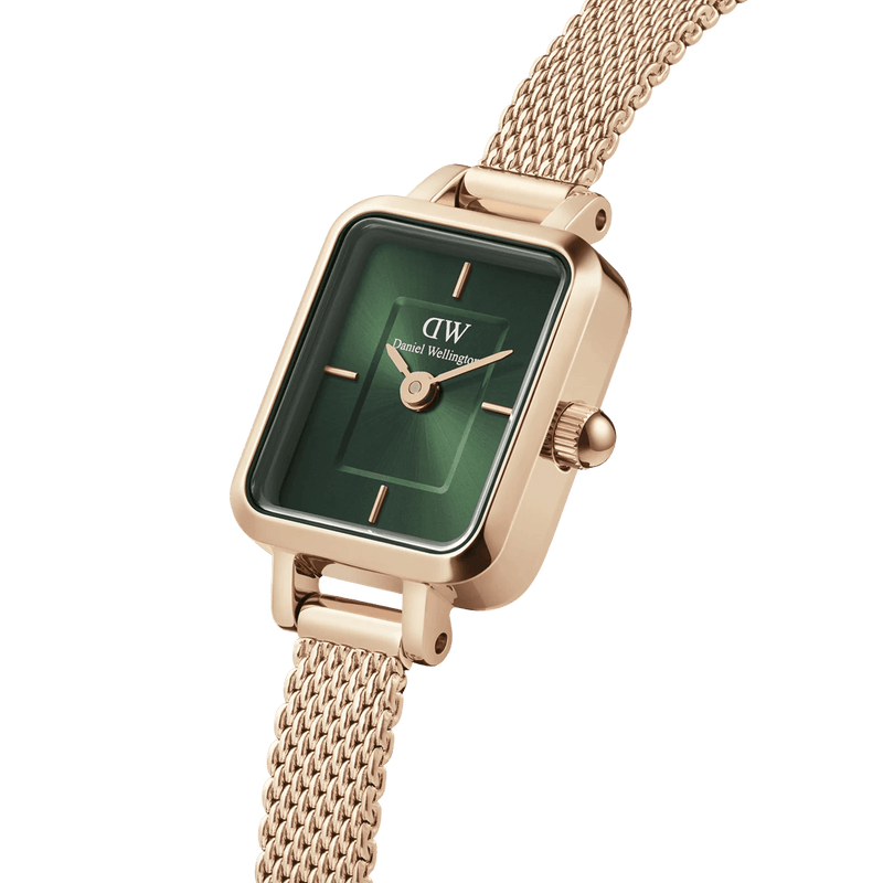 Daniel Wellington Quadro Mini Melrose Emerald analog damklocka med grön urtavla och armband i rostfritt stål