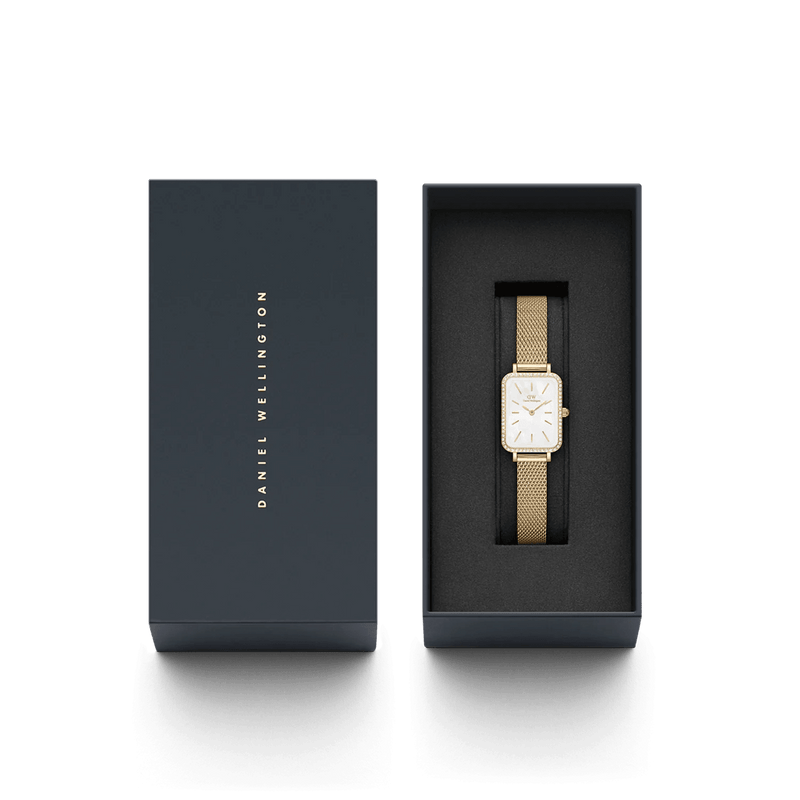 Daniel Wellington Quadro Lumine Bezel Evergold MOP analog damklocka med vit urtavla och armband i rostfritt stål