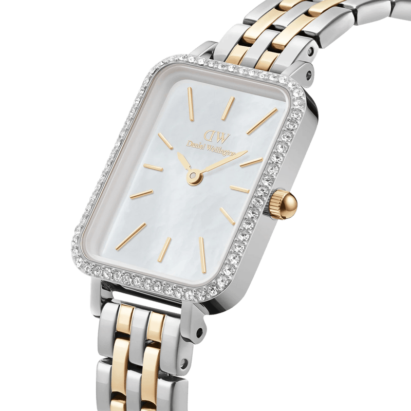Daniel Wellington Quadro Lumine Bezel 5-Link DW00100671 analog damklocka med vit urtavla och armband i rostfritt stål