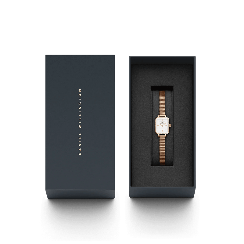 Daniel Wellington Quadro Mini Lumine Bezel Rose Gold analog damklocka med vit urtavla och armband i rostfritt stål