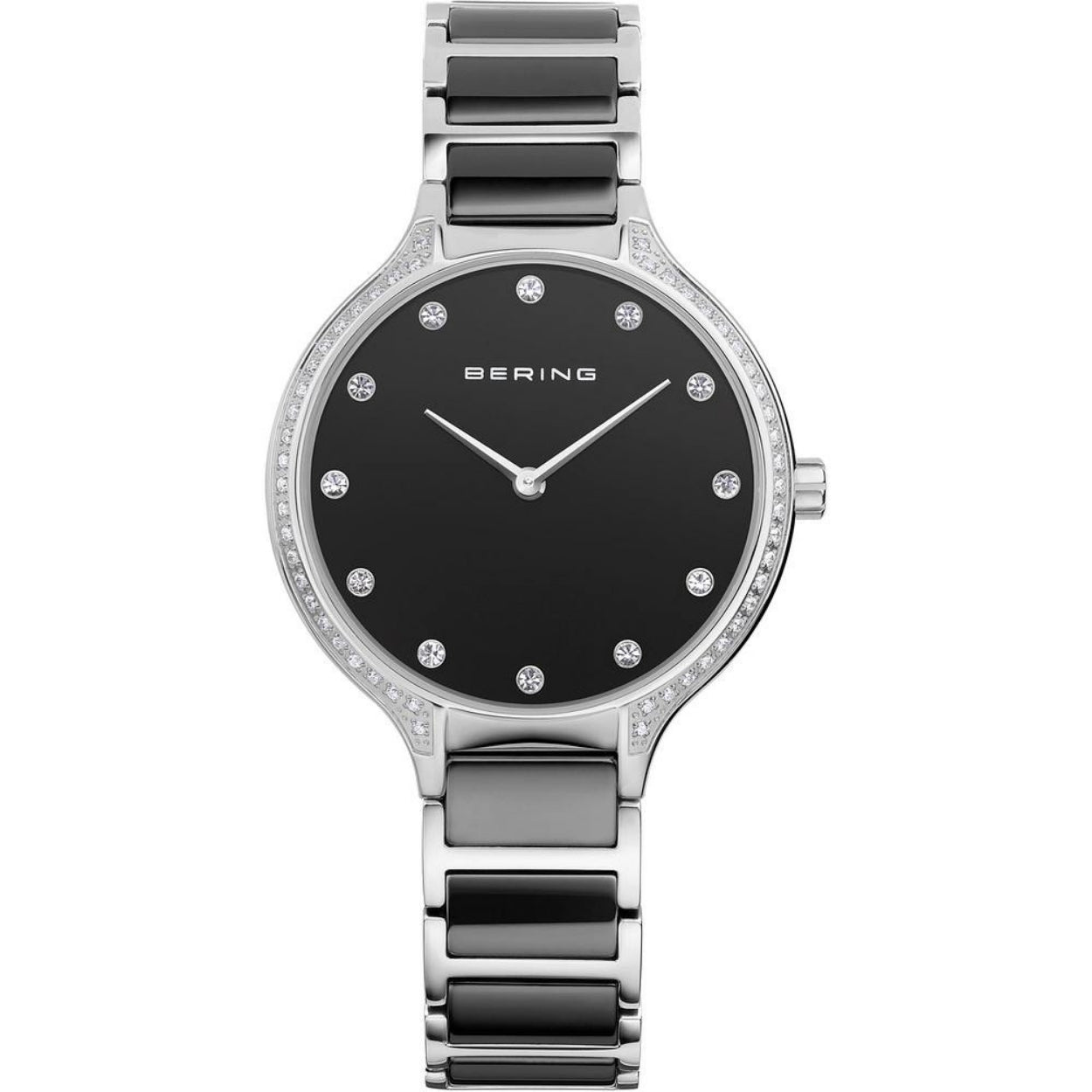 Bering Ceramic 30434-742 analog damklocka med svart urtavla och armband i rostfritt stål