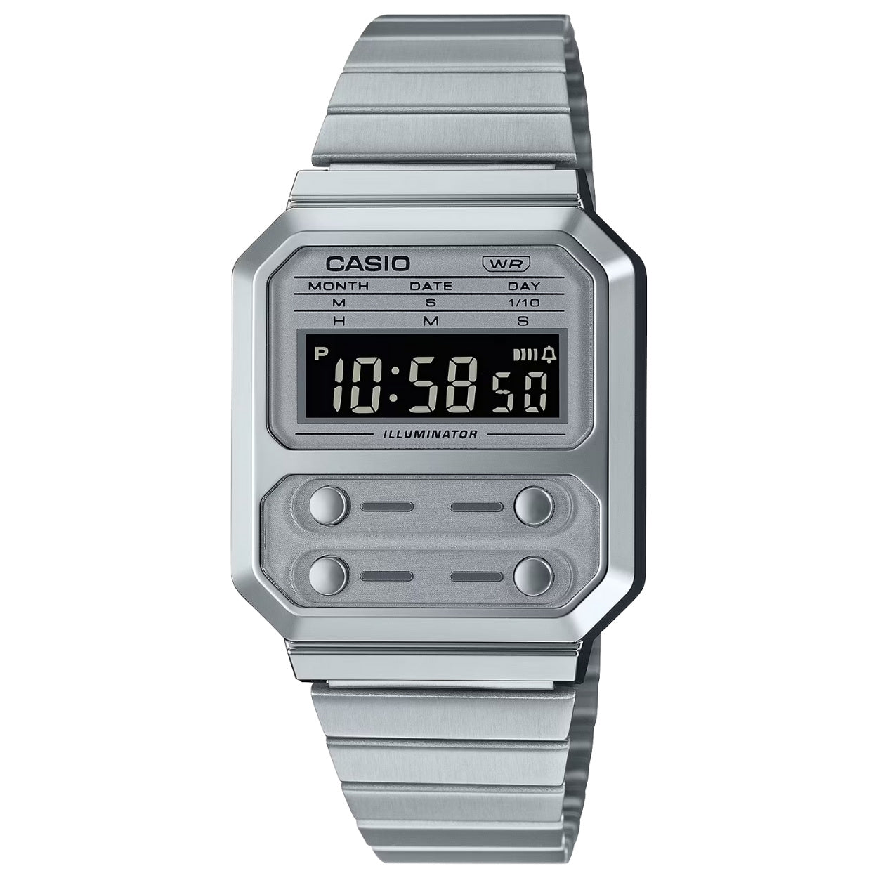 Casio Vintage A100WE-7BEF digital unisexklocka med grå urtavla och armband i rostfritt stål