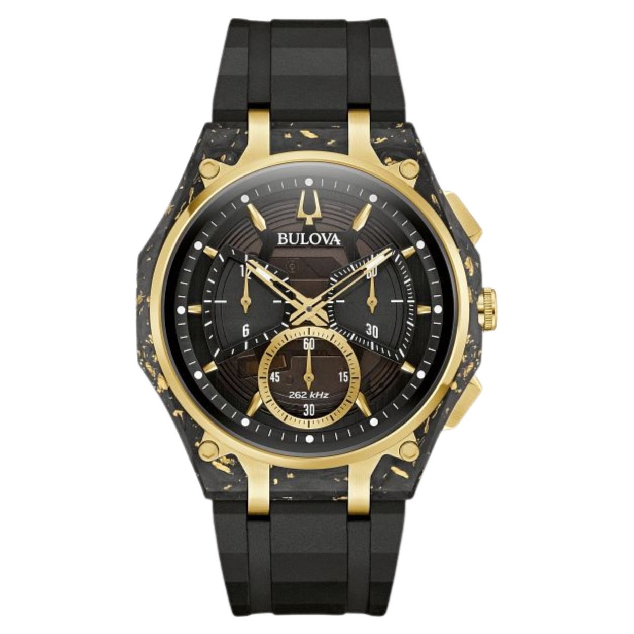 Bulova Curve Forged Carbon Anniversary 98A328 analog herrklocka med svart urtavla och armband i gummi