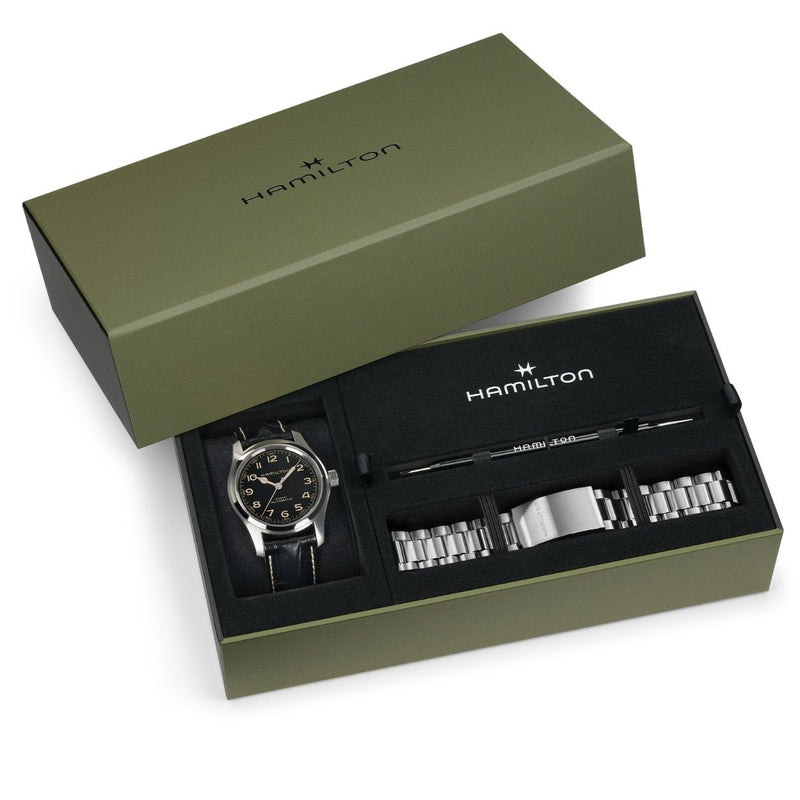 Hamilton Khaki Field Murph Auto H70605732 analog herrklocka med svart urtavla och armband i skinn