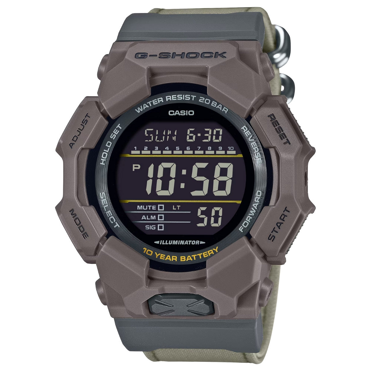 Casio G-Shock GD-010CE-5ER analog herrklocka med svart urtavla och armband i textil