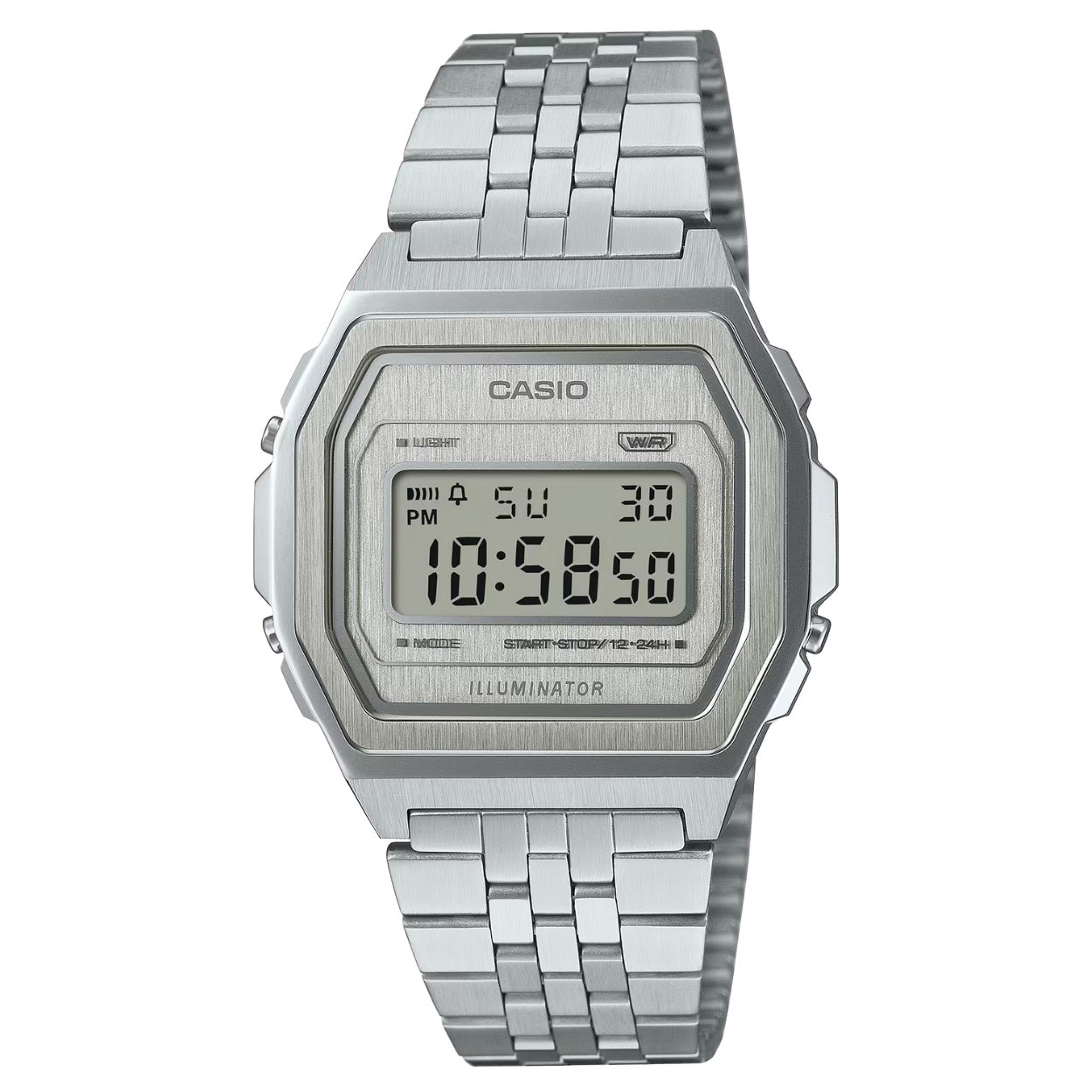 Casio Vintage A1000A-7EF digital herrklocka med silver urtavla och armband i rostfritt stål