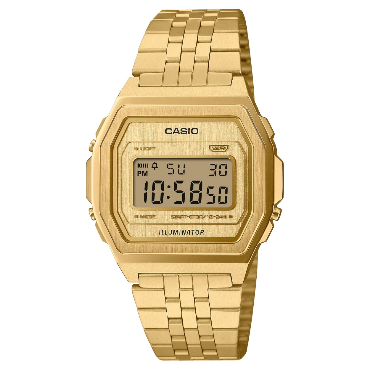 Casio Vintage A1000G-9EF digital herrklocka med guld urtavla och armband i rostfritt stål