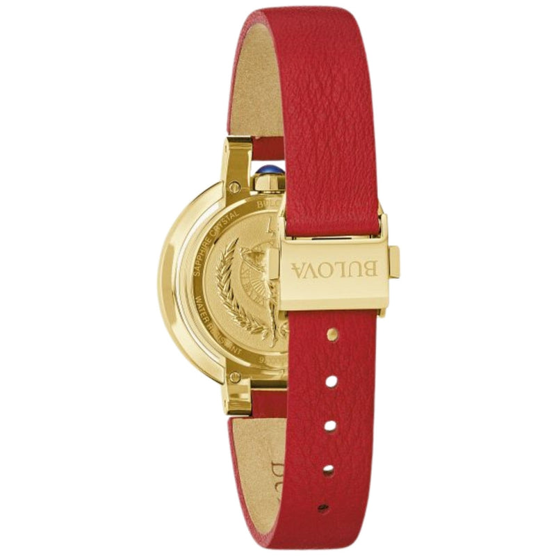 Bulova Rubaiyat Autumn 97R105 analog damklocka med rött urtavla och armband i läder