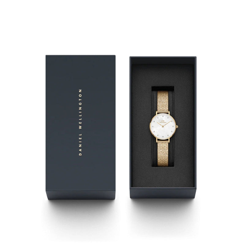 Daniel Wellington Petite Lumine DW00100594 analog damklocka med vit urtavla och armband i rostfritt stål