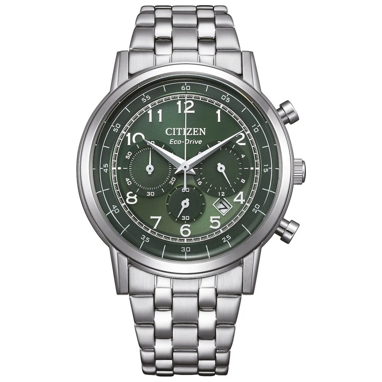 Citizen Eco-Drive Chronograph CA4630-53X analog herrklocka med grön urtavla och armband i rostfritt stål
