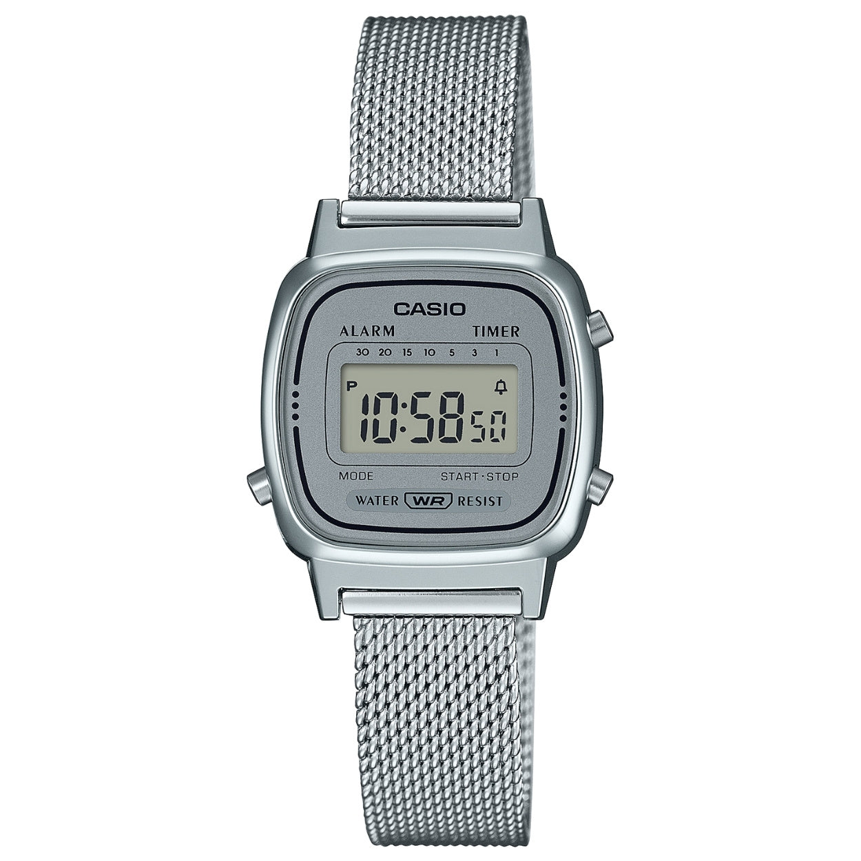 Casio Vintage LA670WEM-7EF digital herrklocka med silver urtavla och armband i rostfritt stål