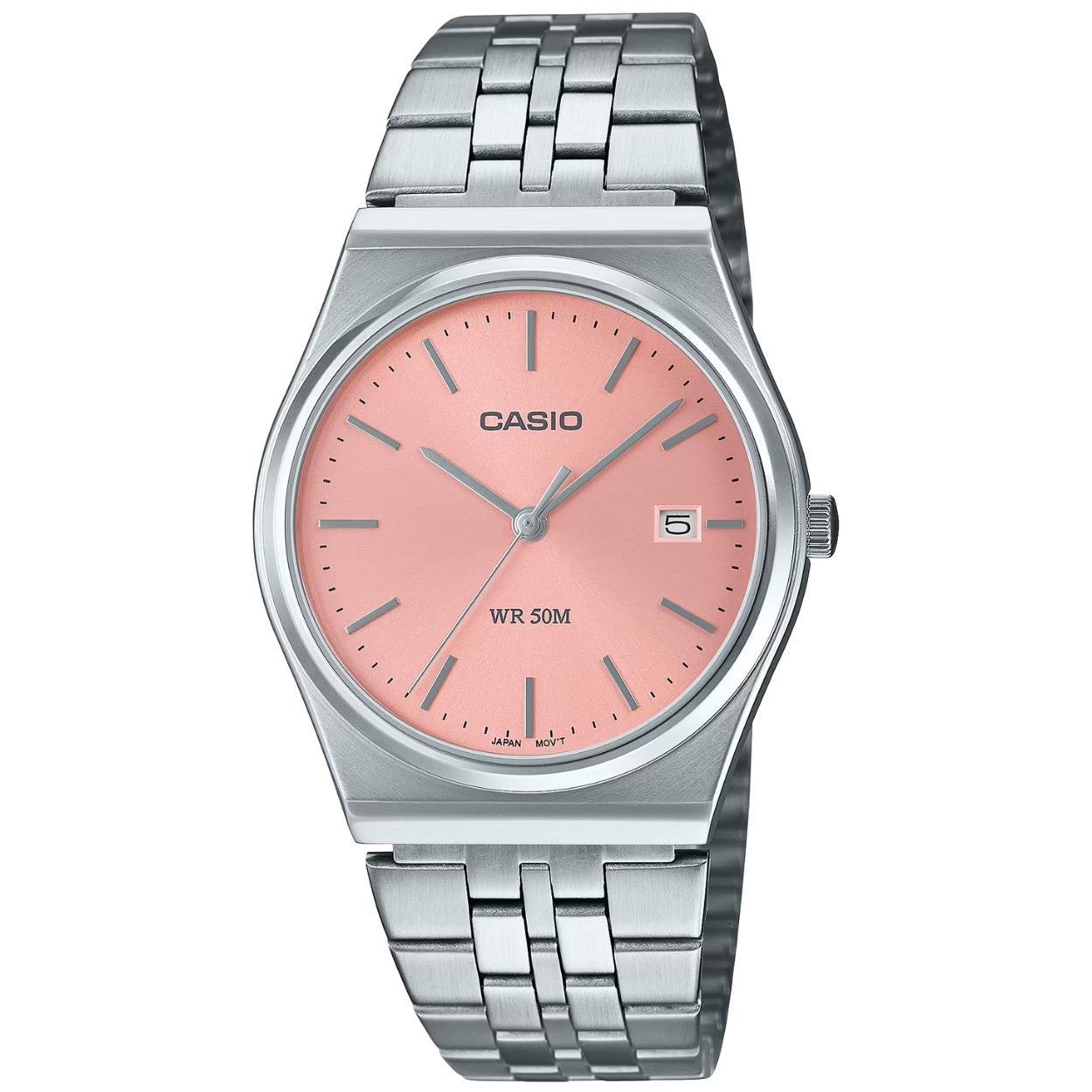 Casio Timeless MTP-B145D-4AVEF analog damklocka med rosa urtavla och armband i rostfritt stål
