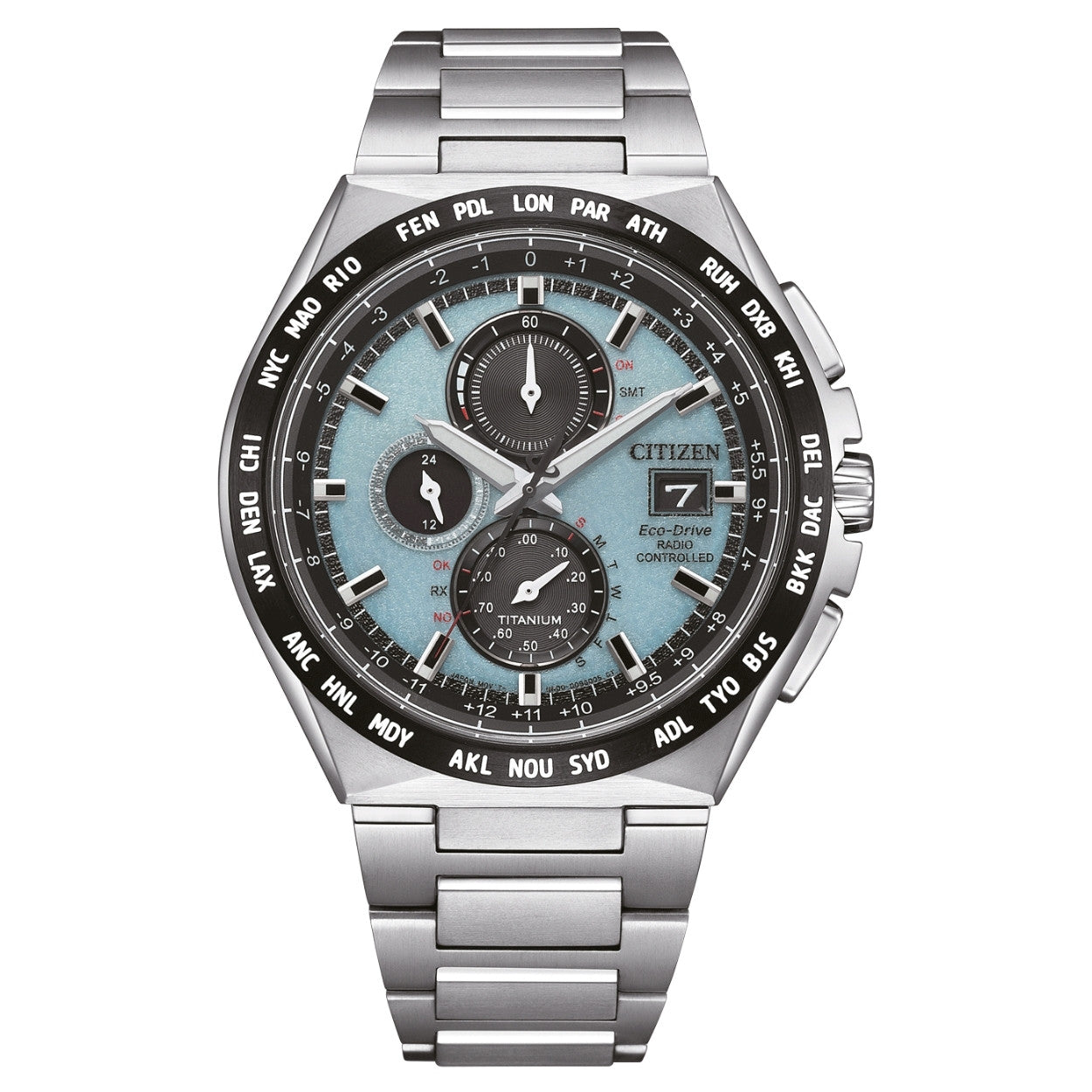 Citizen Super Titanium Radio Controlled AT8238-84M analog herrklocka med turkos urtavla och armband i titan
