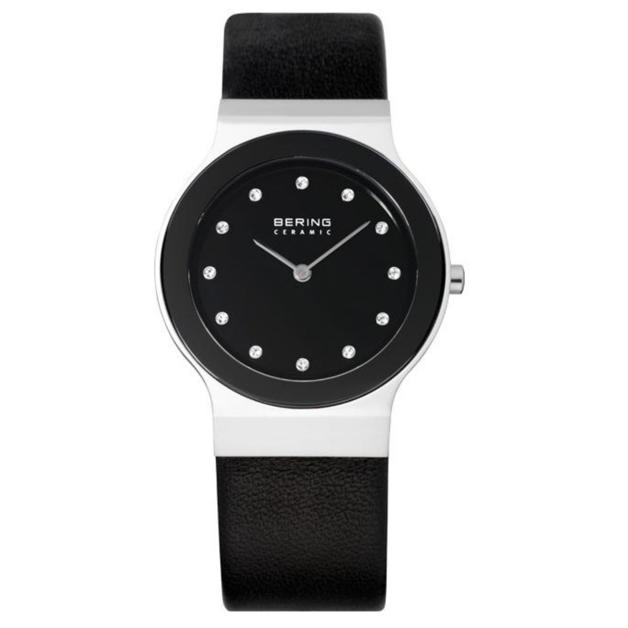 Bering Ceramic 32834-442 analog damklocka med svart urtavla och armband i läder