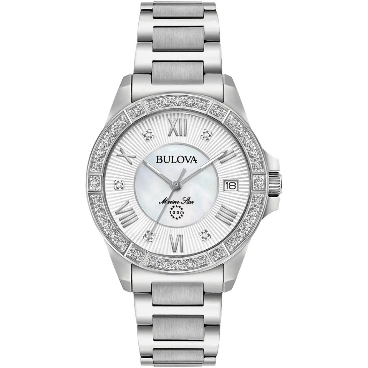 Bulova Marine Star Diamond 96R232 analog damklocka med vit urtavla och armband i rostfritt stål