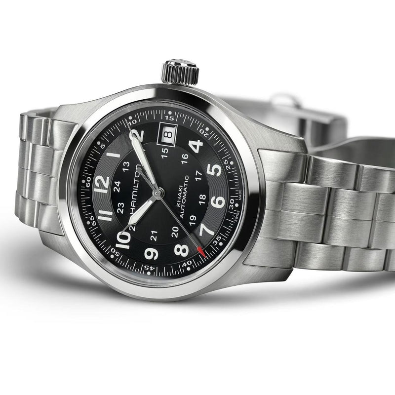 Hamilton Khaki Field Auto H70455133 analog herrklocka med svart urtavla och armband i rostfritt stål
