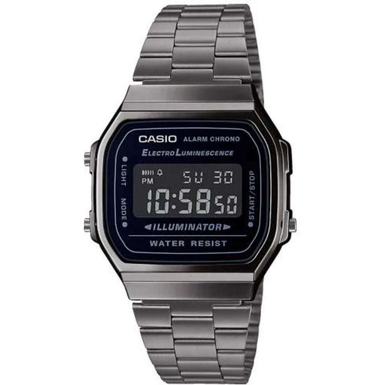 Casio Vintage A168WEGG-1BEF digital herrklocka med svart urtavla och armband i rostfritt stål