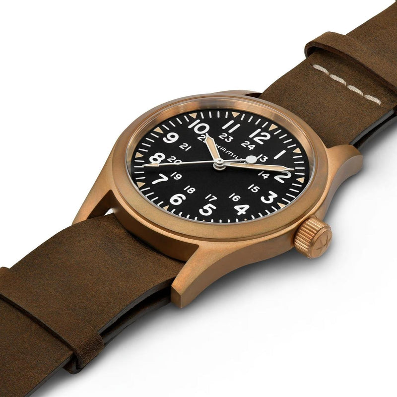 Hamilton Khaki Field Mechanical Bronze H69459530 analog herrklocka med svart urtavla och armband i läder