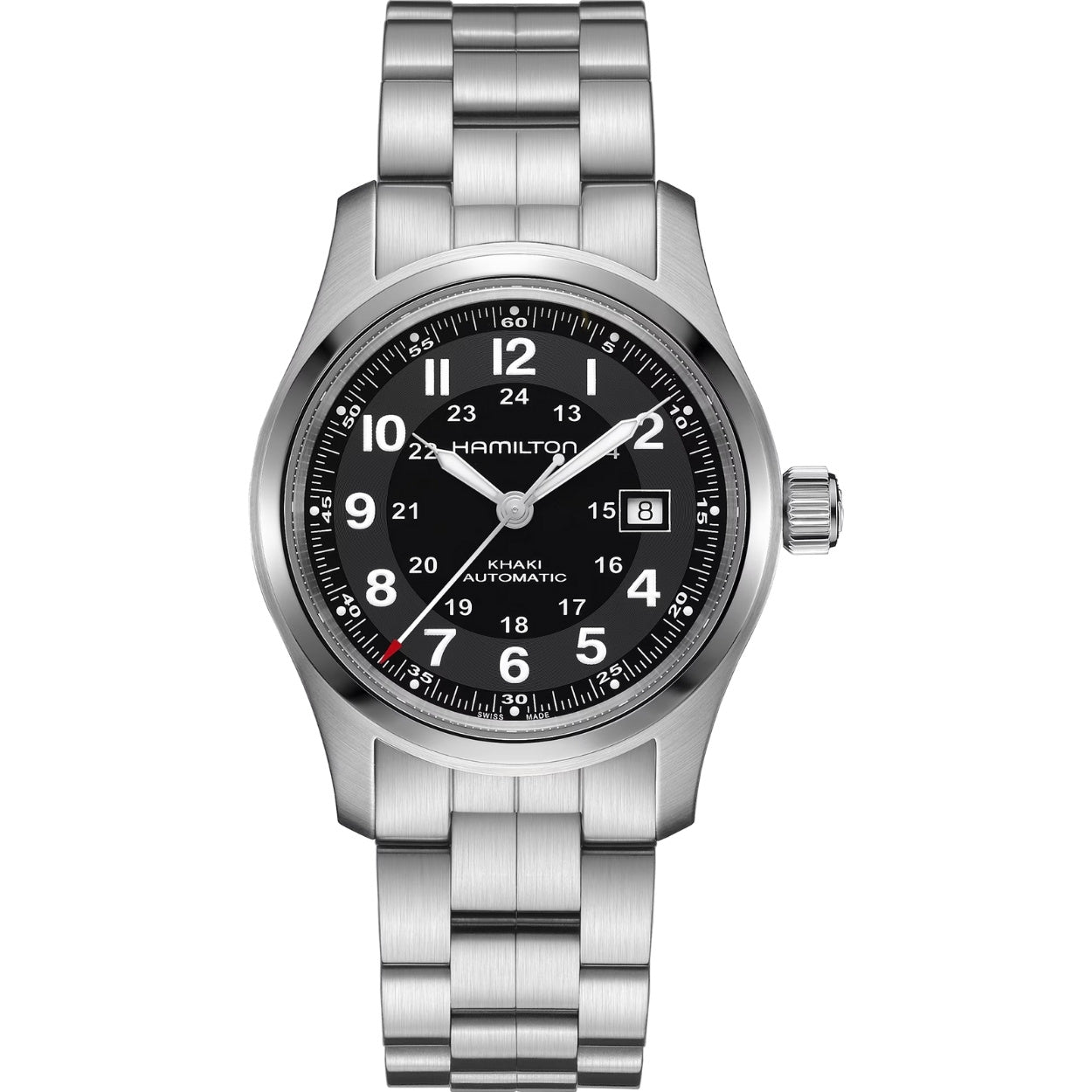 Hamilton Khaki Field Auto H70515137 analog herrklocka med svart urtavla och armband i rostfritt stål