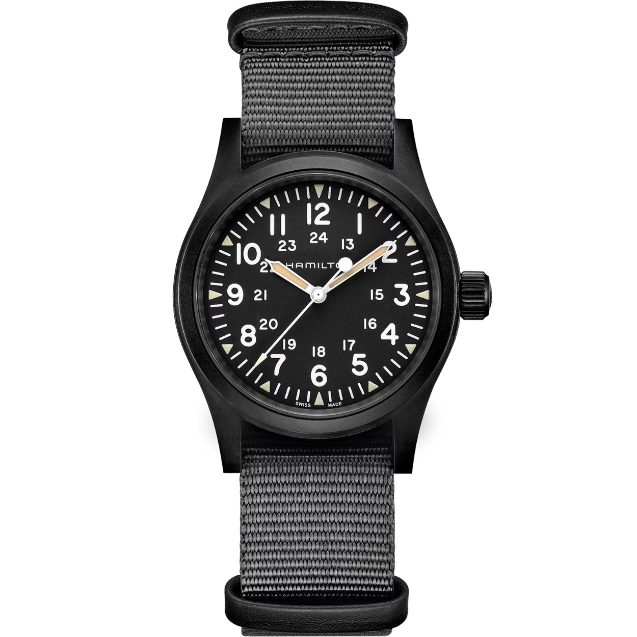 Hamilton Khaki Field Mechanical H69409930 analog herrklocka med svart urtavla och armband i textil