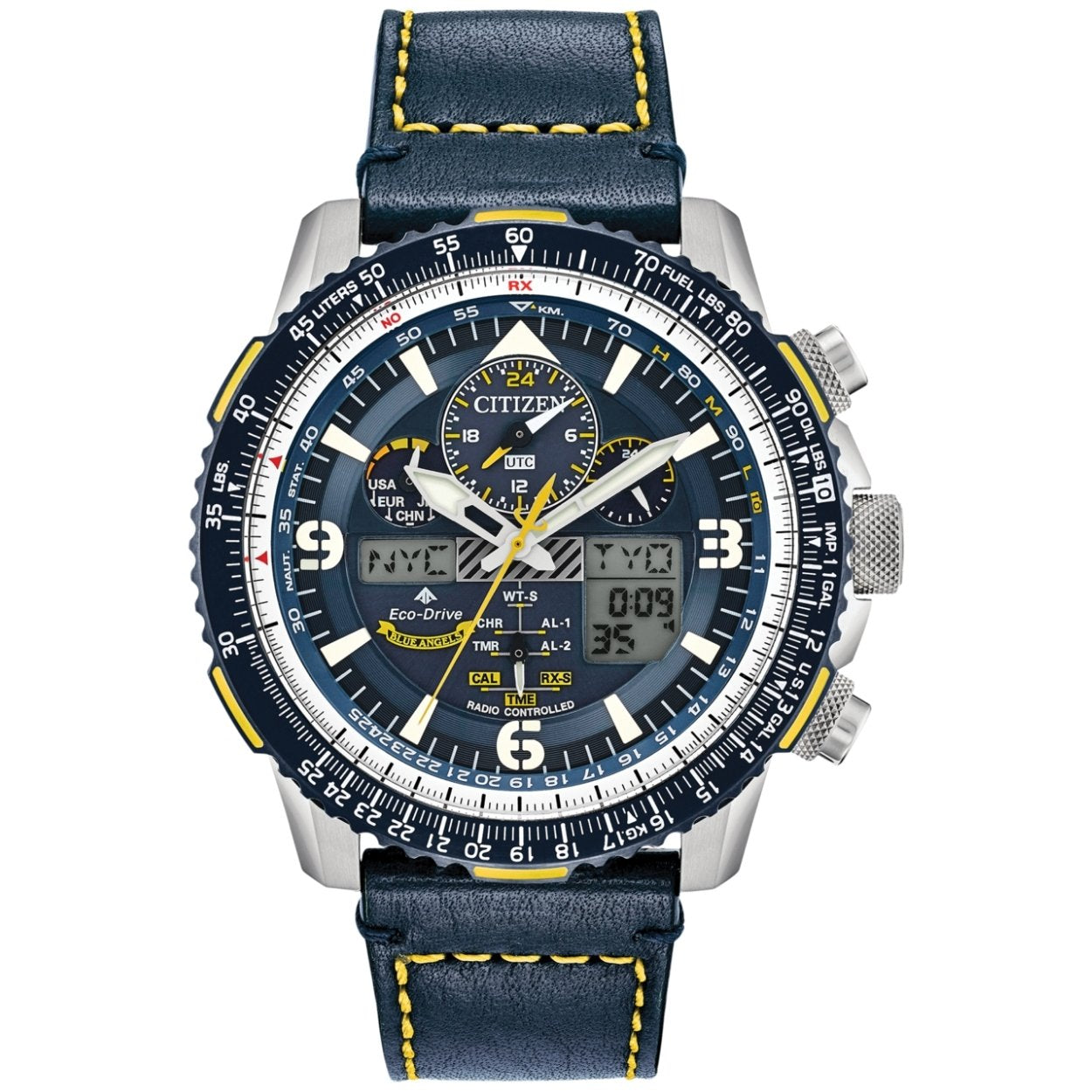 Citizen Promaster Skyhawk Blue Angel JY8078-01L ana-digi herrklocka med blå urtavla och armband i läder