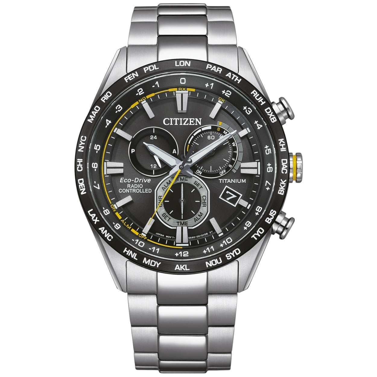 Citizen Promaster Sky Funkuhr Eco Drive CB5947-80E analog herrklocka med svart urtavla och armband i titan