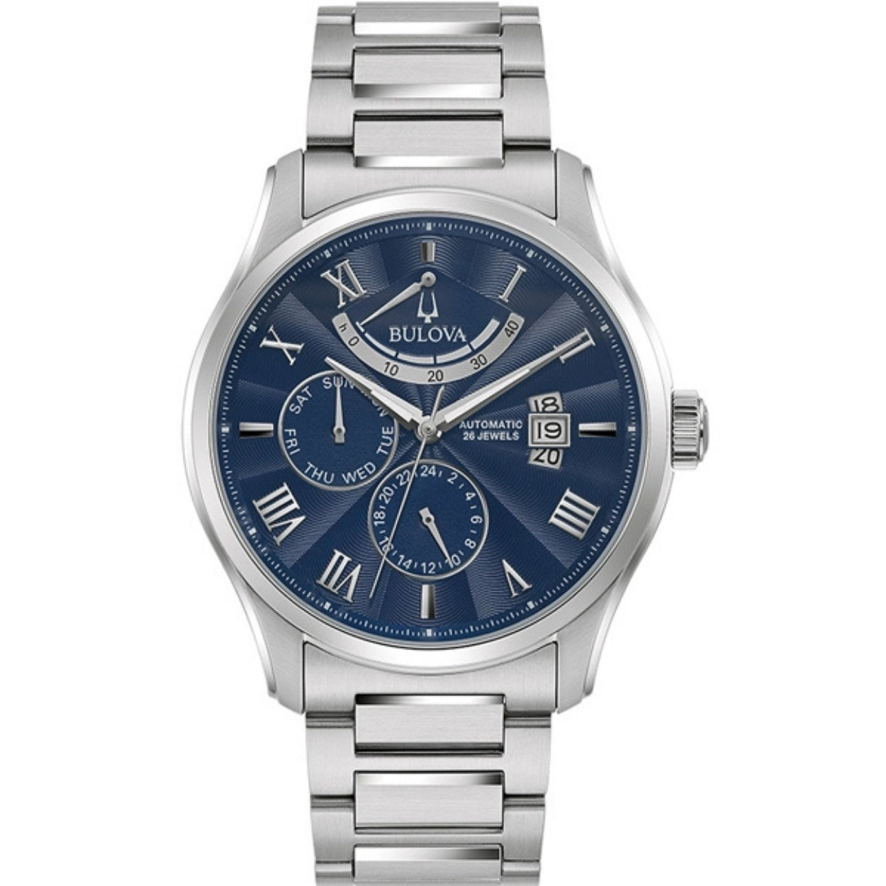 Bulova Wilton Power Reserve 96C147 analog herrklocka med blå urtavla och armband i rostfritt stål