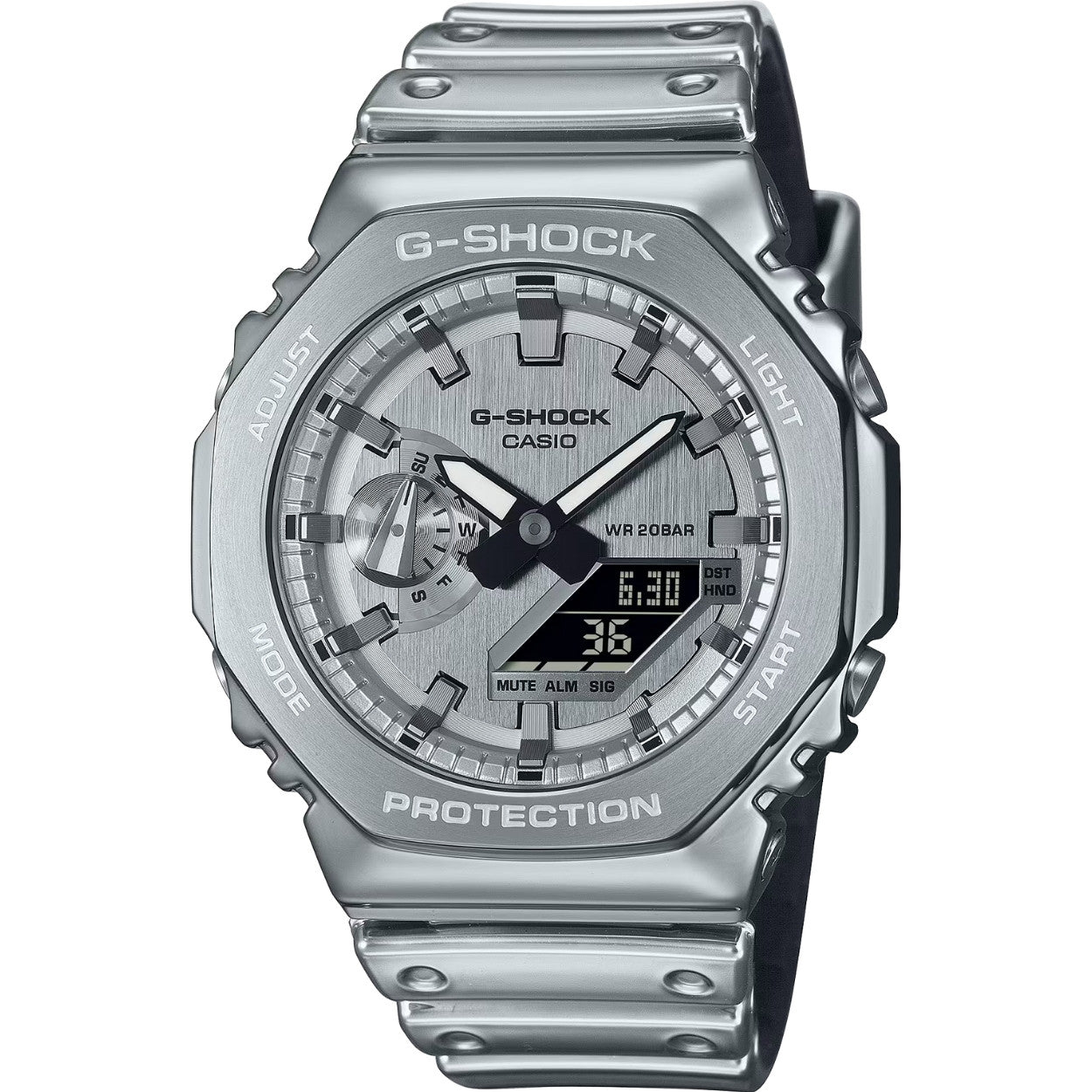 Casio G-Shock Fine Metallic GM-2100YM-8AER ana-digi herrklocka med silver urtavla och armband i rostfritt stål