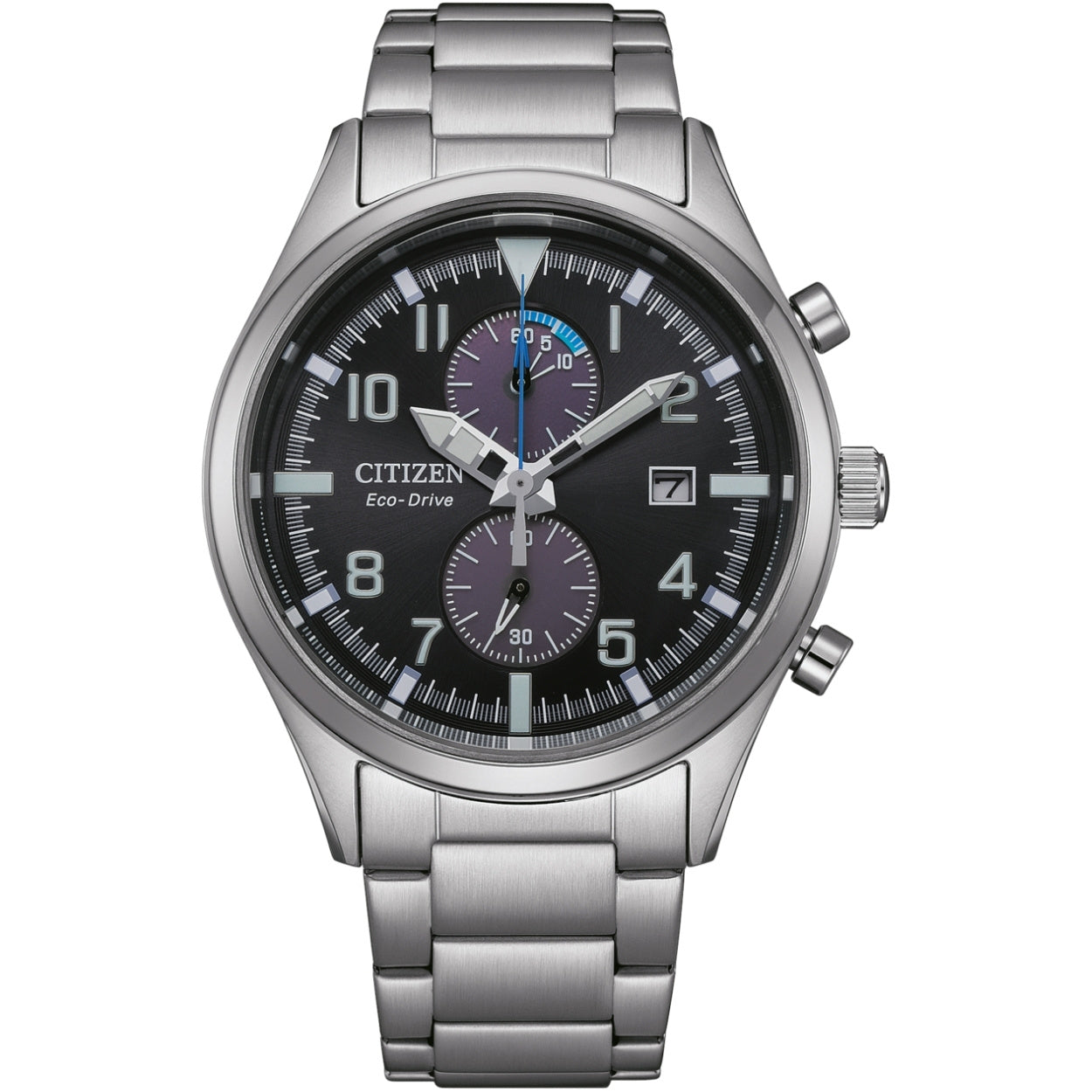 Citizen Eco Drive Chronograph CA7028-81E analog herrklocka med svart urtavla och armband i rostfritt stål